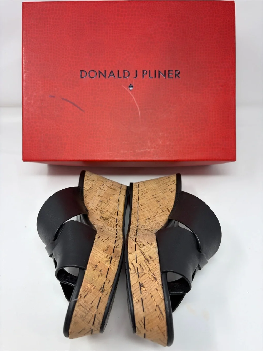 Donald J. Pliner Black Leather Cork Wedge Slide Sandals Size 7